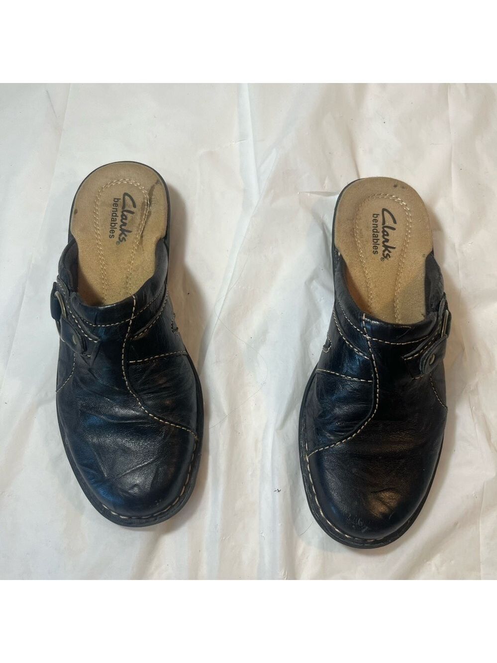 CLARKS BENDABLES  LEATHER SLIP ON WEDGE HEEL MULES SHOES WOMENS SZ 5.5